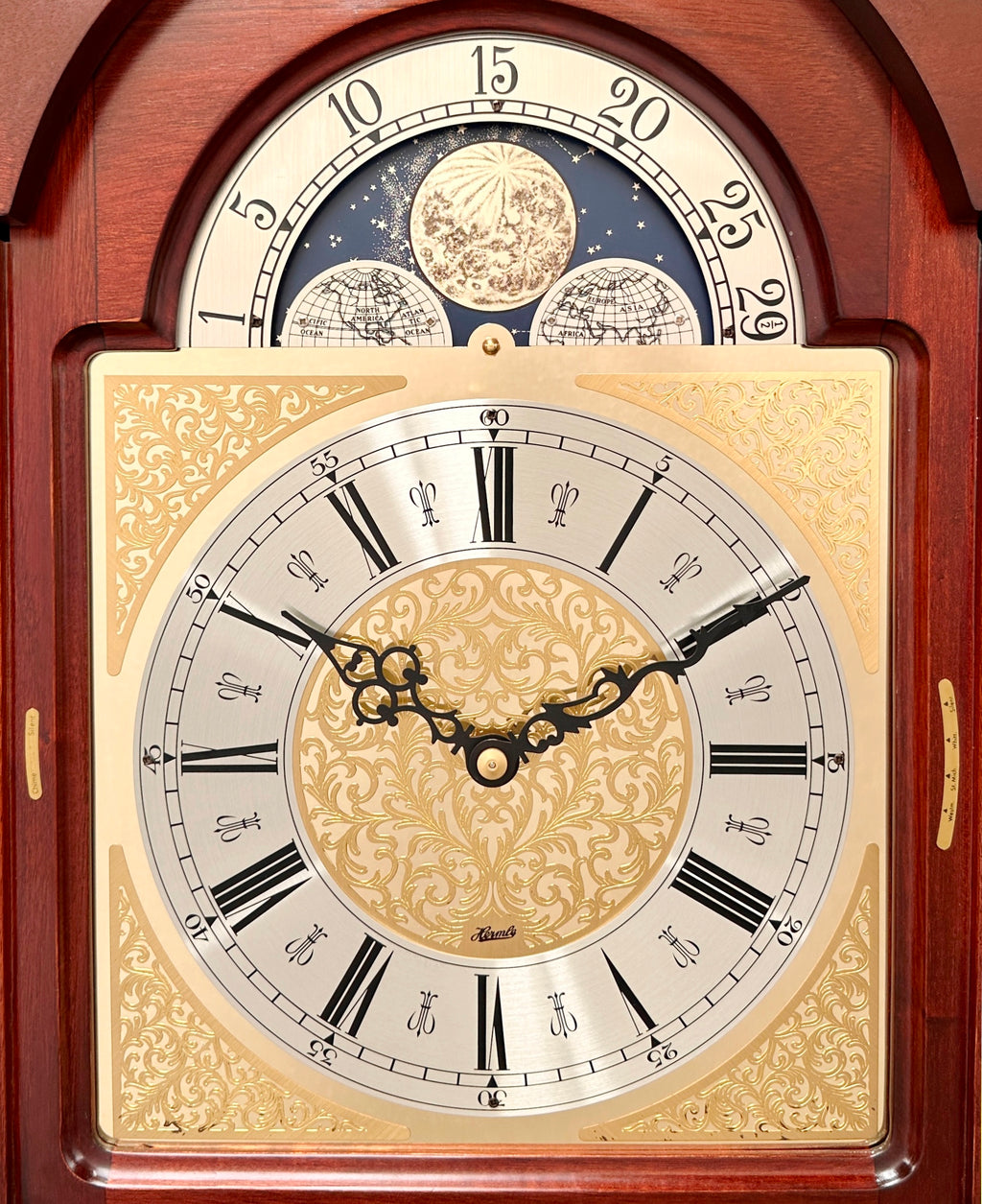 Vintage German Hermle Mahogany Melody Chime Moonphase Grandfather Clock | Adelaide Clocks
