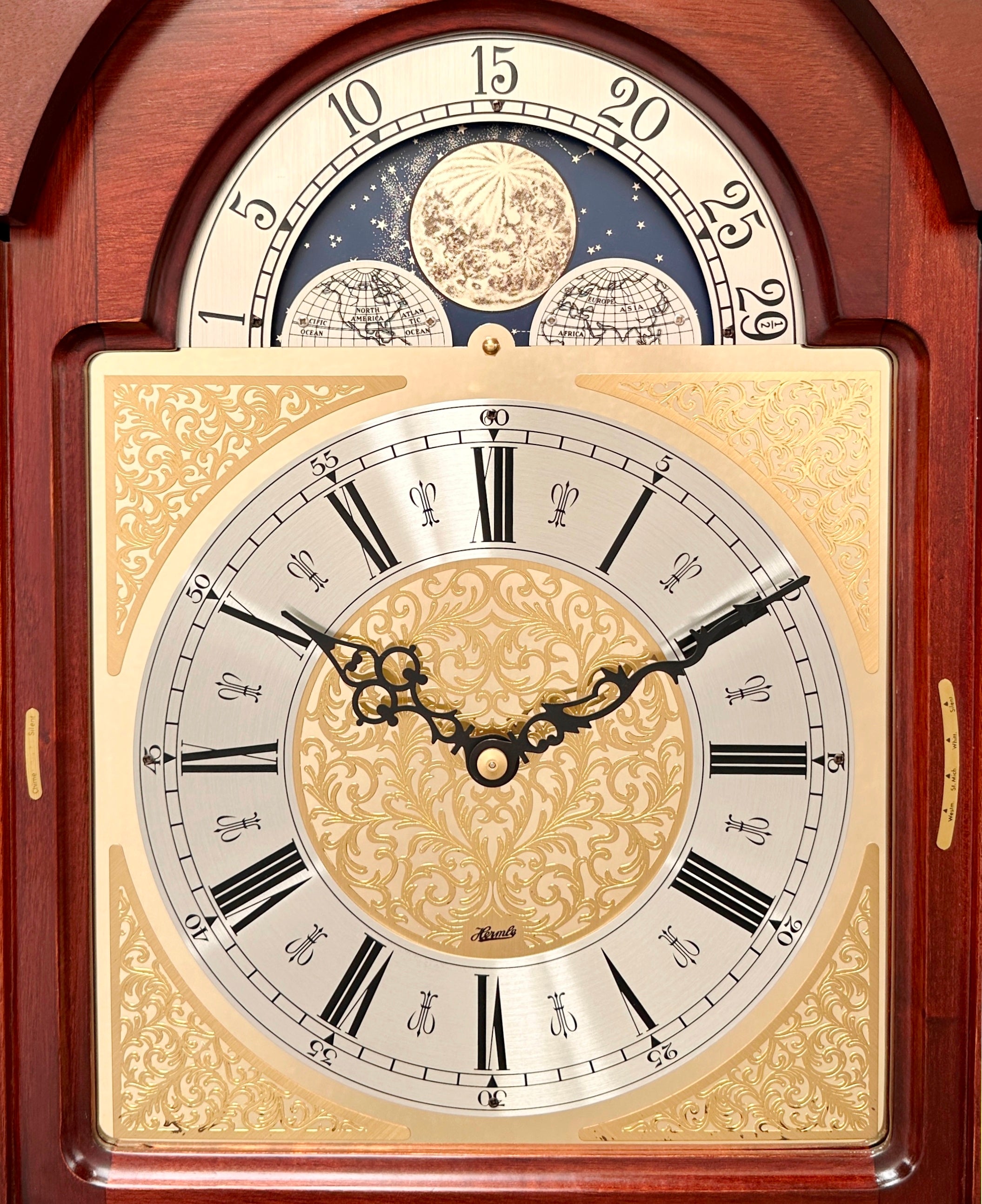 Vintage German Hermle Mahogany Melody Chime Moonphase Grandfather Clock | Adelaide Clocks