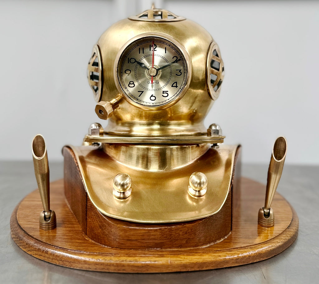 Vintage Brass Scuba Divers Helmet Ships Desk Clock with Pen Holders | Adelaide Clocks