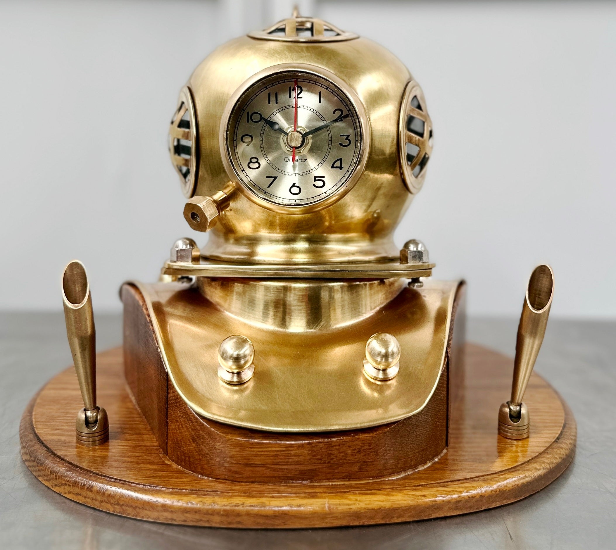 Vintage Brass Scuba Divers Helmet Ships Desk Clock with Pen Holders | Adelaide Clocks