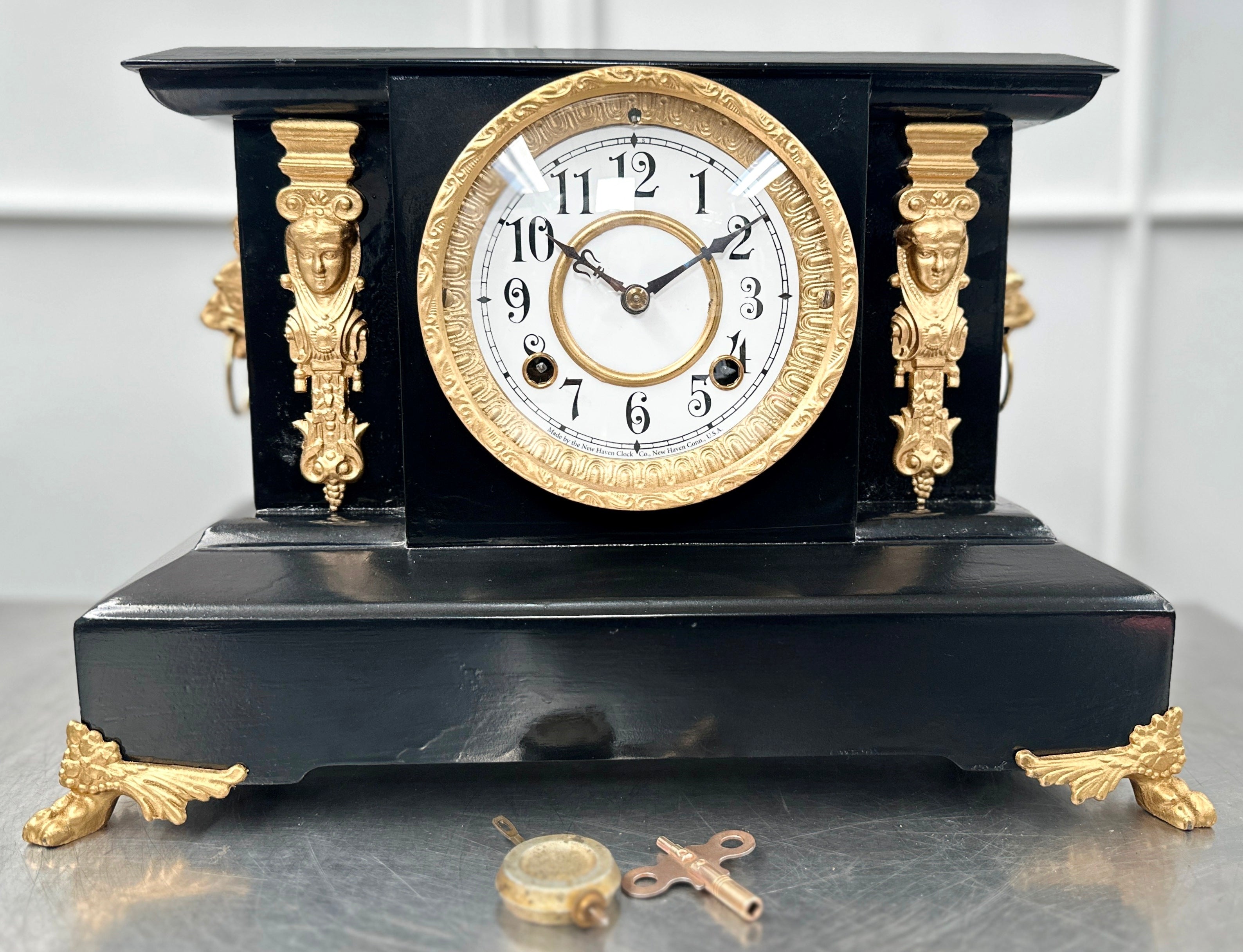 Antique Cast Iron NEW HAVEN, U.S.A. Figural Mantel Clock | Adelaide Clocks