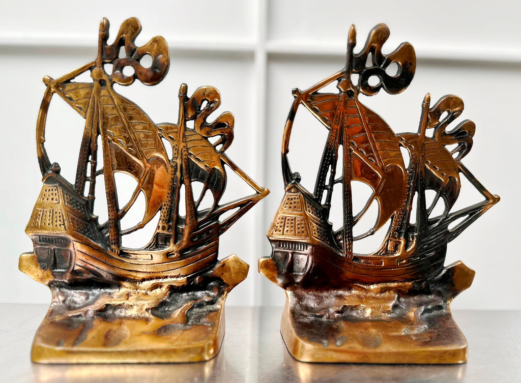 Antique Pair Galleon Ship Brass Bookends | Adelaide Clocks