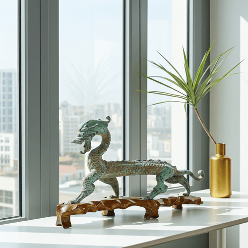 Vintage Chinese Bronze Mystical Dragon on Wooden Stand | Adelaide Clocks