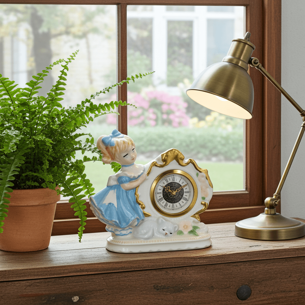 Original Vintage Porcelain Girl with Cat German Mantel Clock | Adelaide Clocks