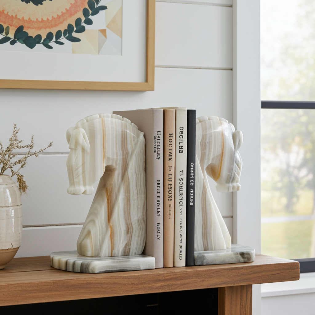 Vintage Pair Onyx/Marble Trojan Horse Bookends | Adelaide Clocks