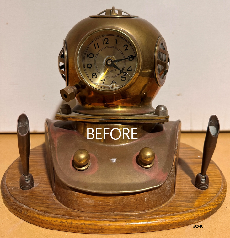 Vintage Brass Scuba Divers Helmet Ships Desk Clock with Pen Holders | Adelaide Clocks