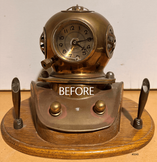 Vintage Brass Scuba Divers Helmet Ships Desk Clock with Pen Holders | Adelaide Clocks