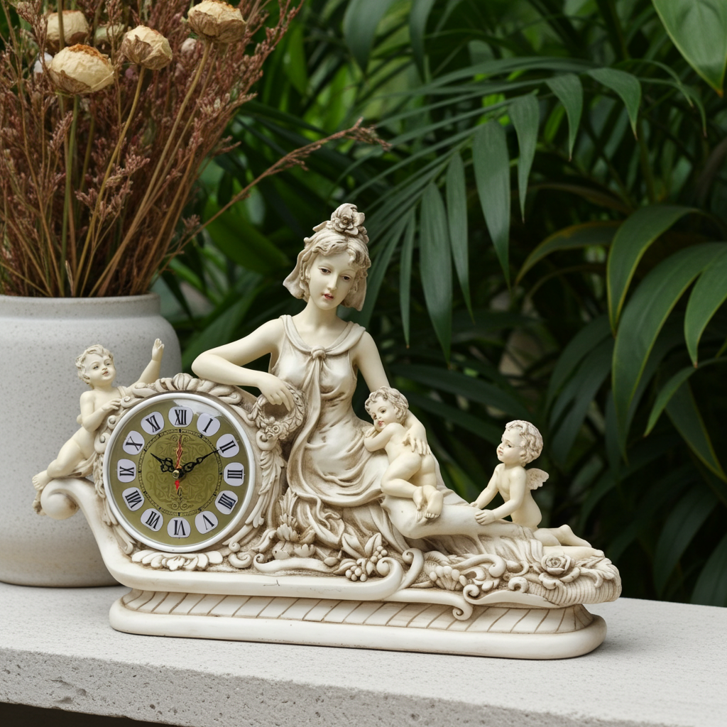 Vintage Lady with Cherubs / Cupids Battery Mantel Clock | Adelaide Clocks
