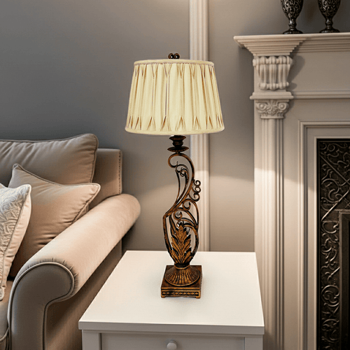 Vintage Style Tall Bronze Metal Table Lamp With Material Shade | Adelaide Clocks