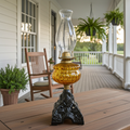 Vintage Original Cast Iron & Amber Glass Oil Lamp lantern | Adelaide Clocks