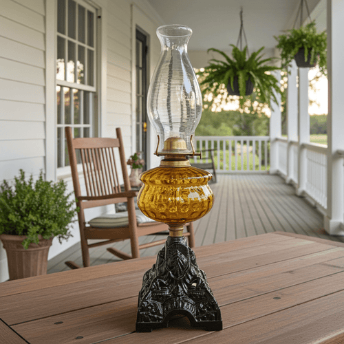 Vintage Original Cast Iron & Amber Glass Oil Lamp lantern | Adelaide Clocks