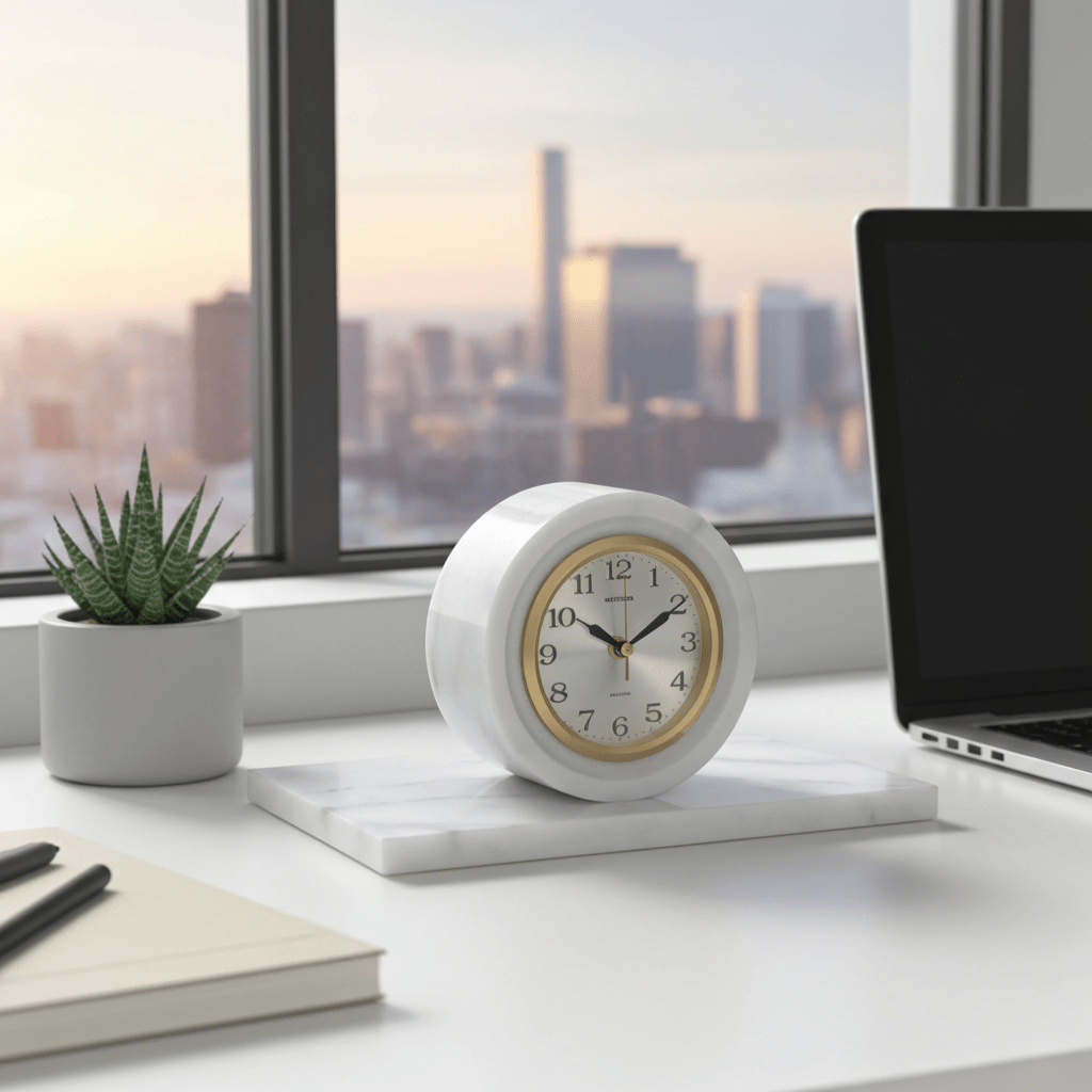 Vintage White Marble MEIHER Desk Mantel Clock | Adelaide Clocks