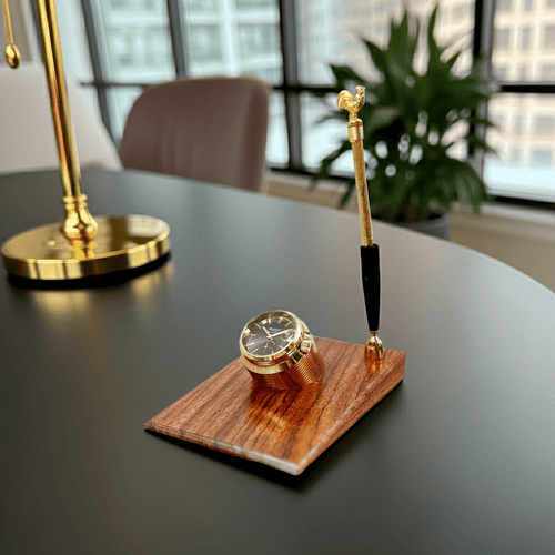 Vintage exclusiv Desk Calendar Clock Watch with Rooster Pen Holder | Adelaide Clocks