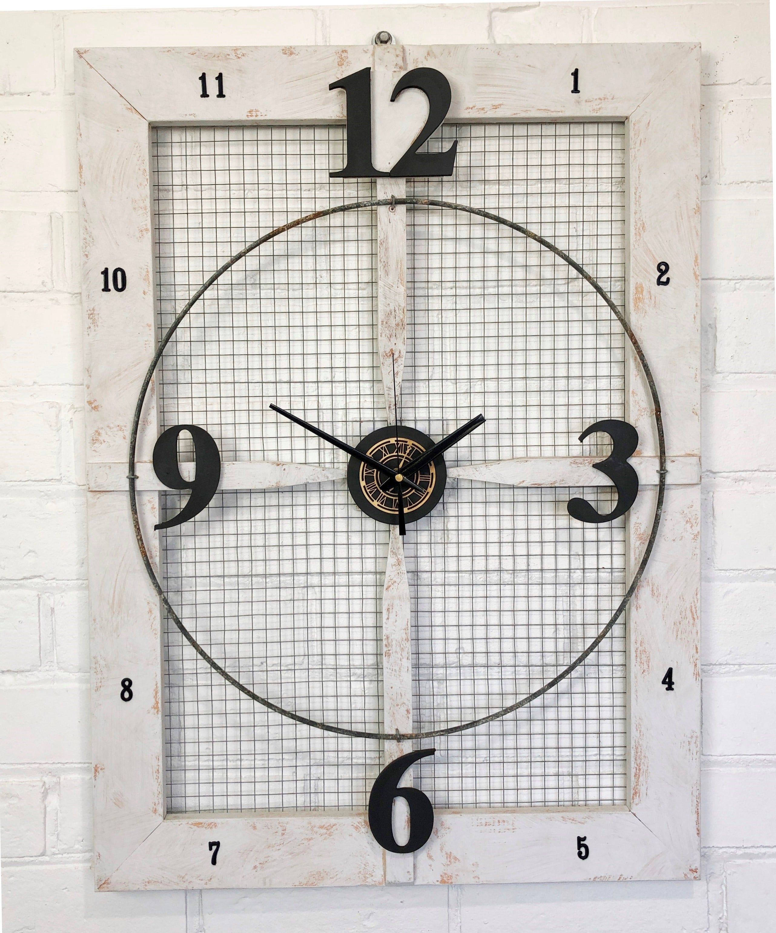 Vintage RUSTIC Wood & Metal Mesh Battery Wall Clock