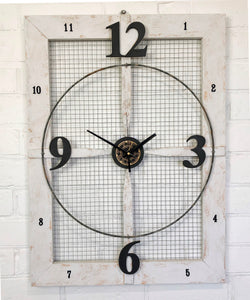 Vintage RUSTIC Wood & Metal Mesh Battery Wall Clock