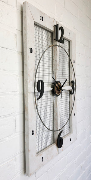 Vintage RUSTIC Wood & Metal Mesh Battery Wall Clock