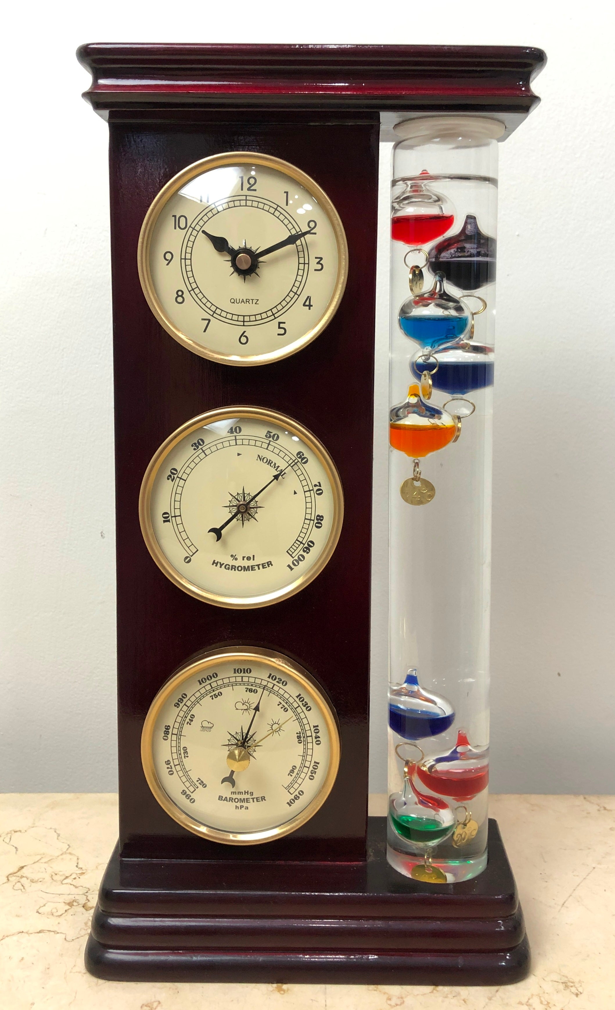 Galileo Weather Station With Thermometer, Quartz Clock, Barometer & Hygrometer - Mahogany Finish