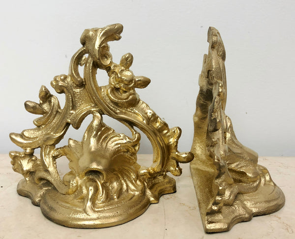 Vintage Original Pair Cast Iron Ornate Gold Bookends | eXibit collection