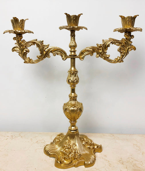 Vintage 3x Tier Brass Ornate Floral Candelabra | eXibit collection