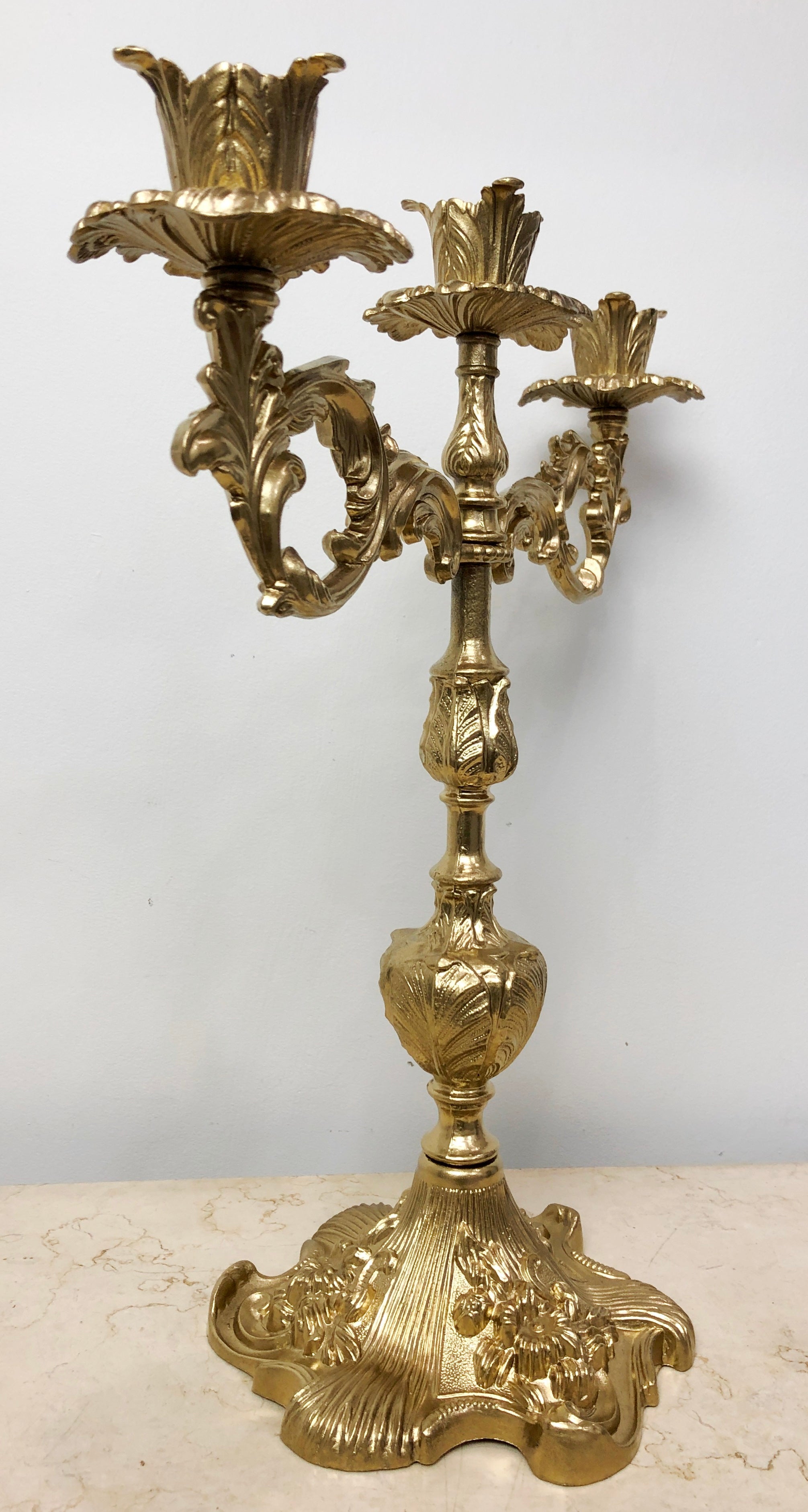 Vintage 3x Tier Brass Ornate Floral Candelabra | eXibit collection