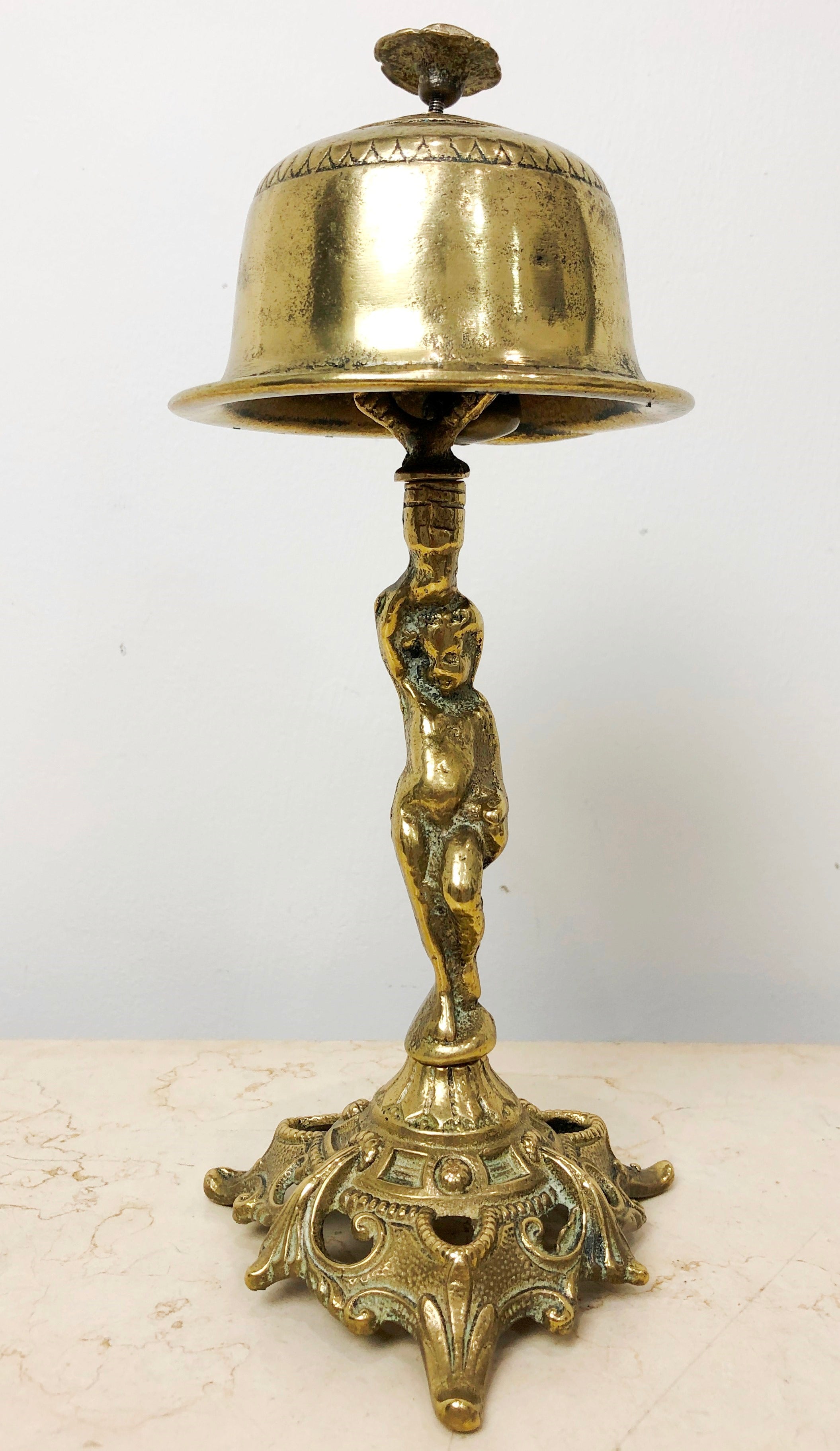 Antique Ornate BRASS Figural Cherub Service Call Tabletop Bell | eXibit collection