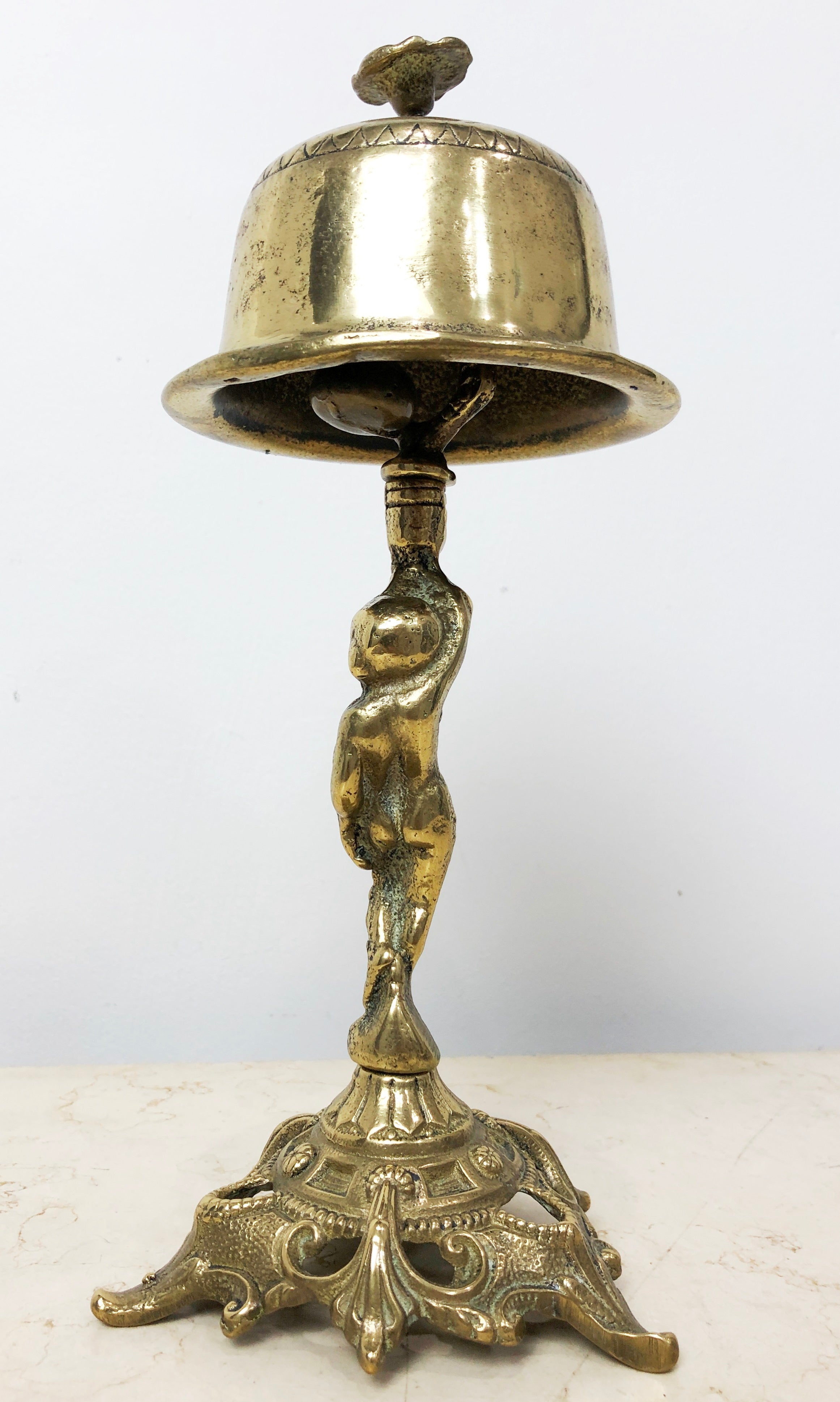 Antique Ornate BRASS Figural Cherub Service Call Tabletop Bell | eXibit collection