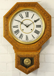 Antique HUGE Welch Octagon Carved Wood Regulator Wall Clock | eXibit collection