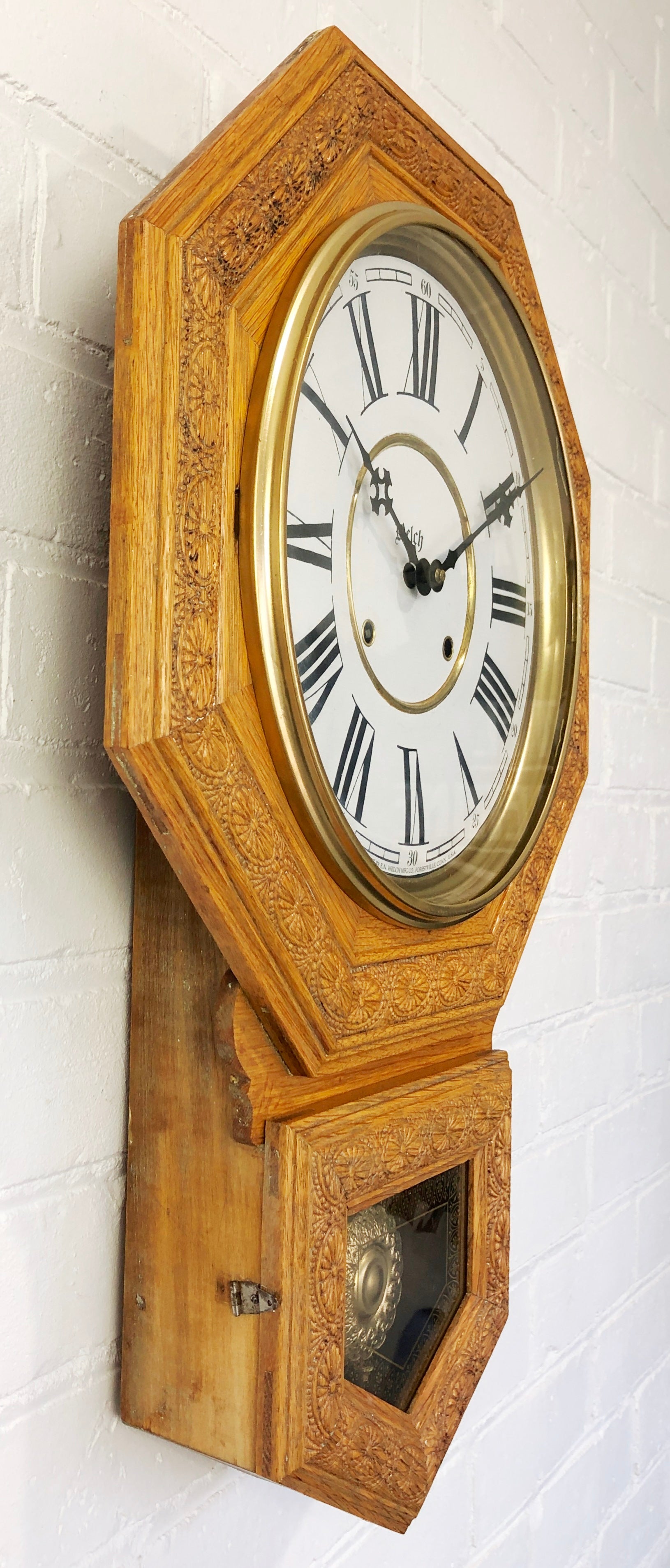 Antique HUGE Welch Octagon Carved Wood Regulator Wall Clock | eXibit collection