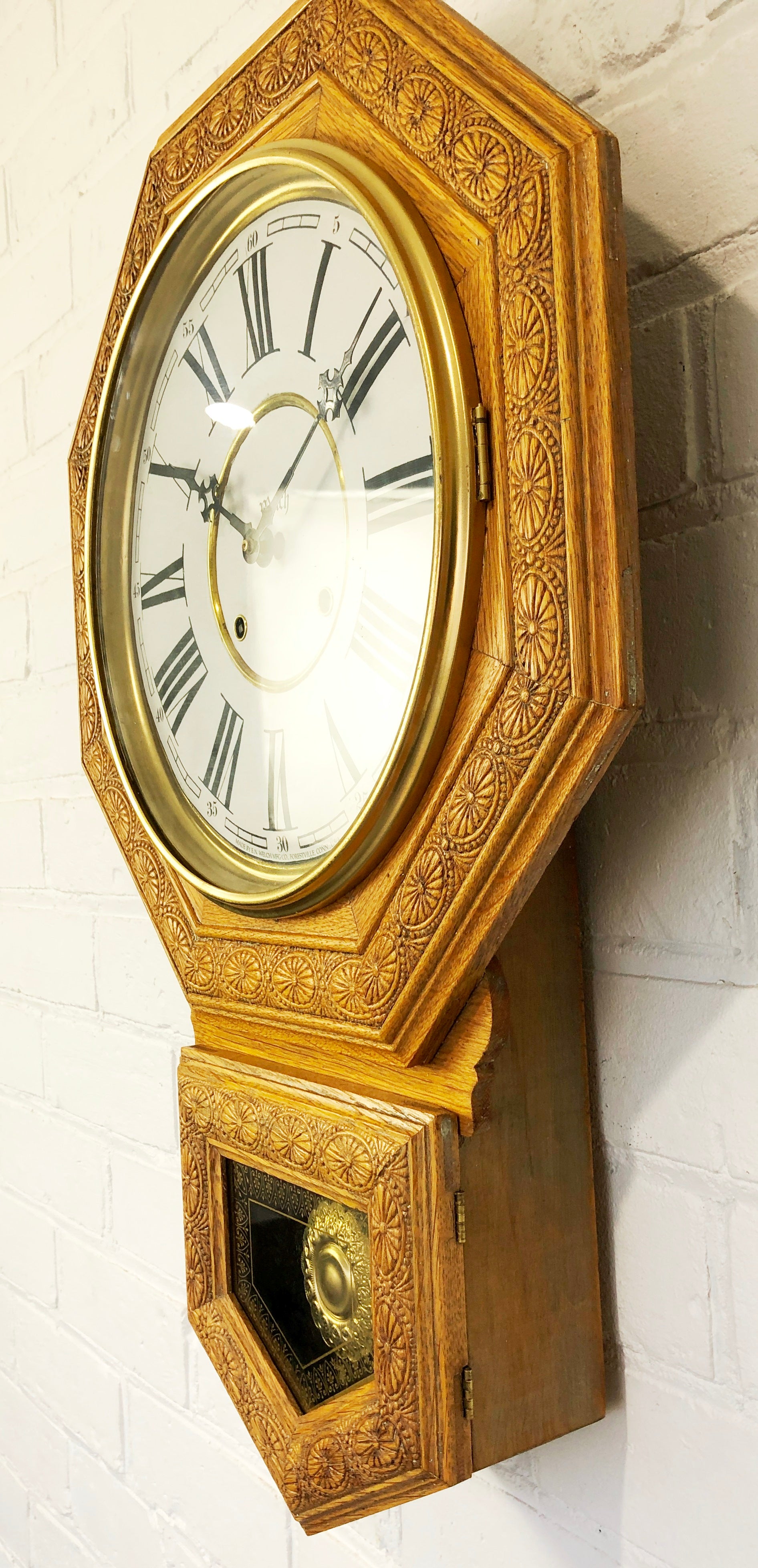 Antique HUGE Welch Octagon Carved Wood Regulator Wall Clock | eXibit collection