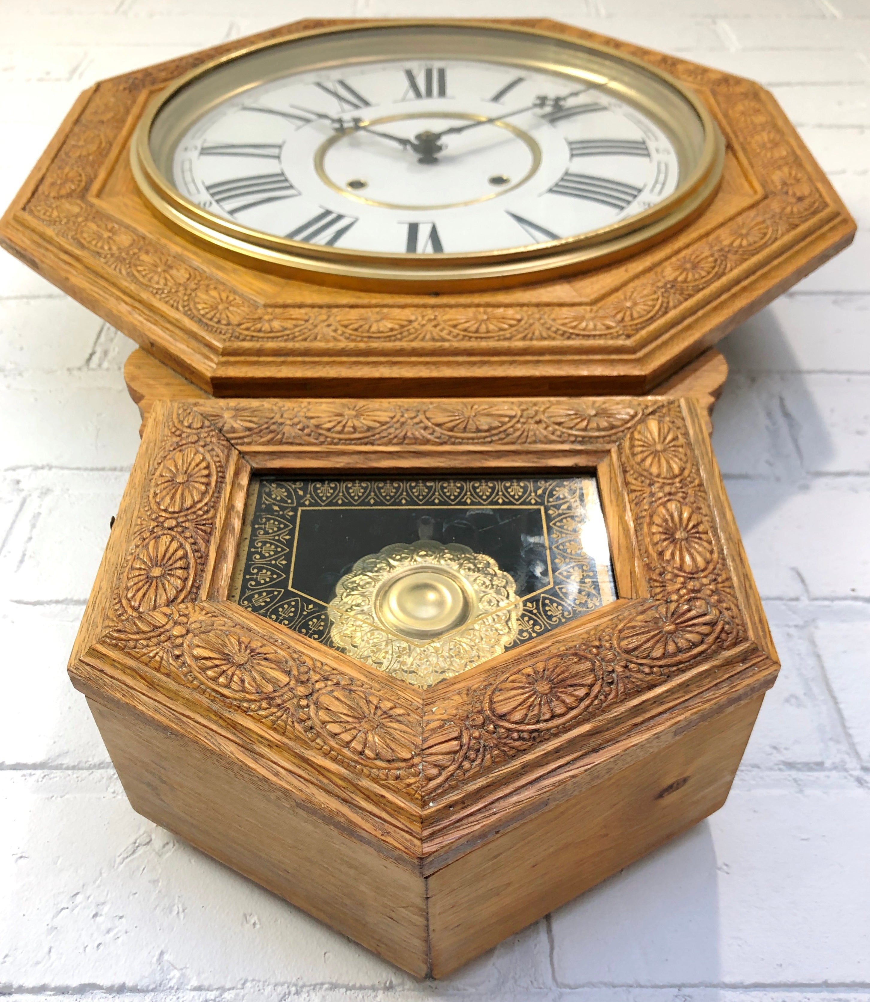 Antique HUGE Welch Octagon Carved Wood Regulator Wall Clock | eXibit collection