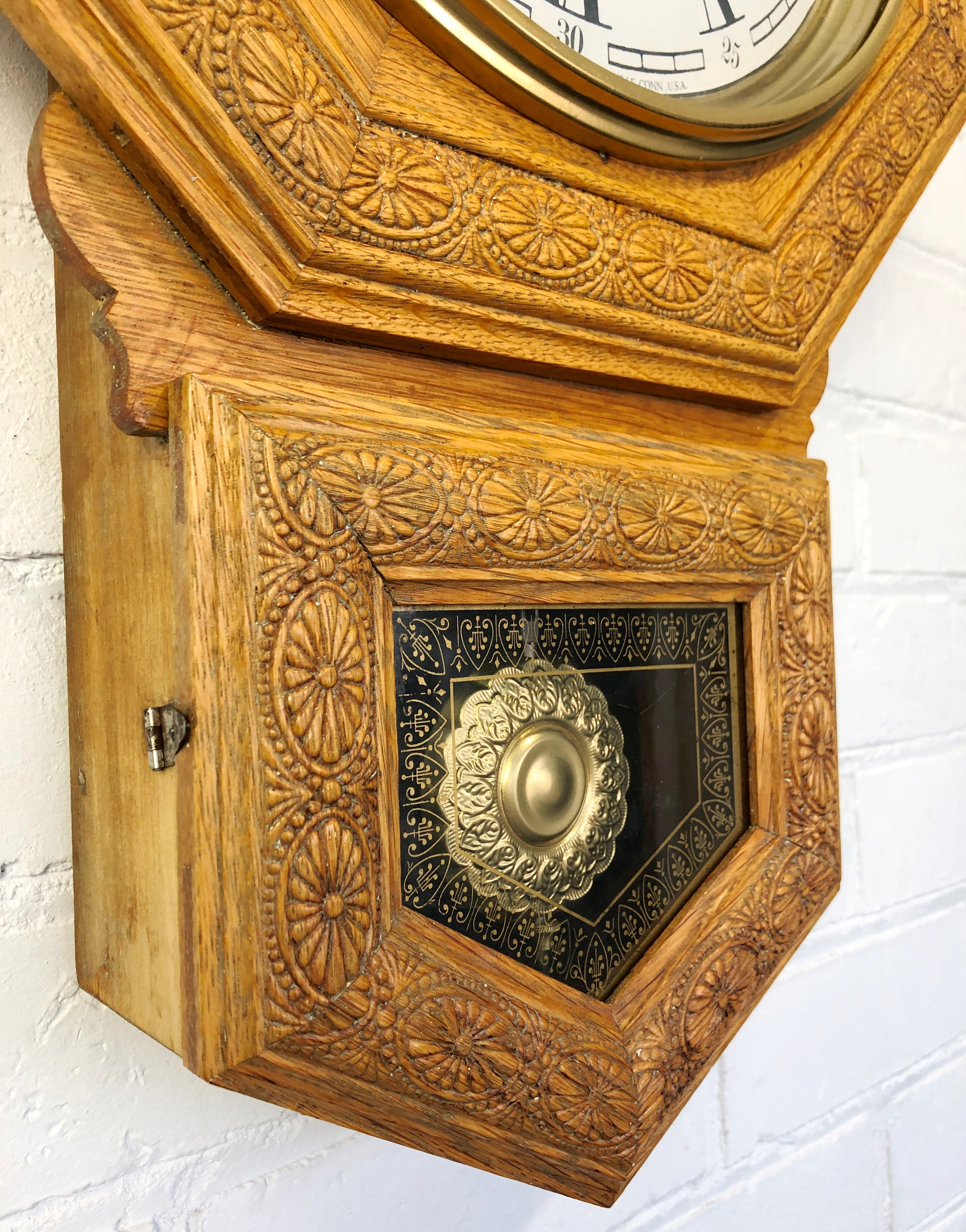 Antique HUGE Welch Octagon Carved Wood Regulator Wall Clock | eXibit collection