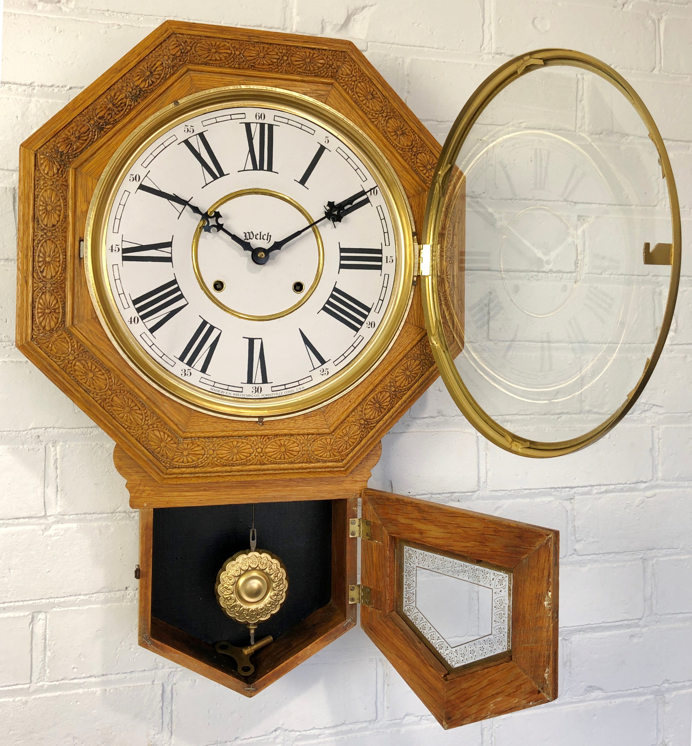 Antique HUGE Welch Octagon Carved Wood Regulator Wall Clock | eXibit collection