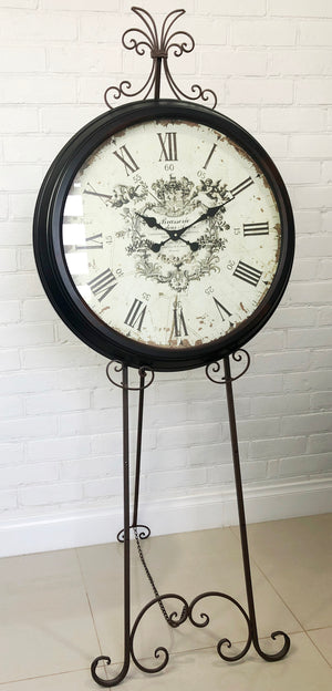 LARGE 70CM Round Metal Vintage Style Battery Clock on Display Easel | eXibit collection
