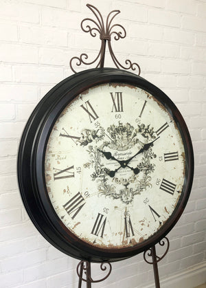 LARGE 70CM Round Metal Vintage Style Battery Clock on Display Easel | eXibit collection