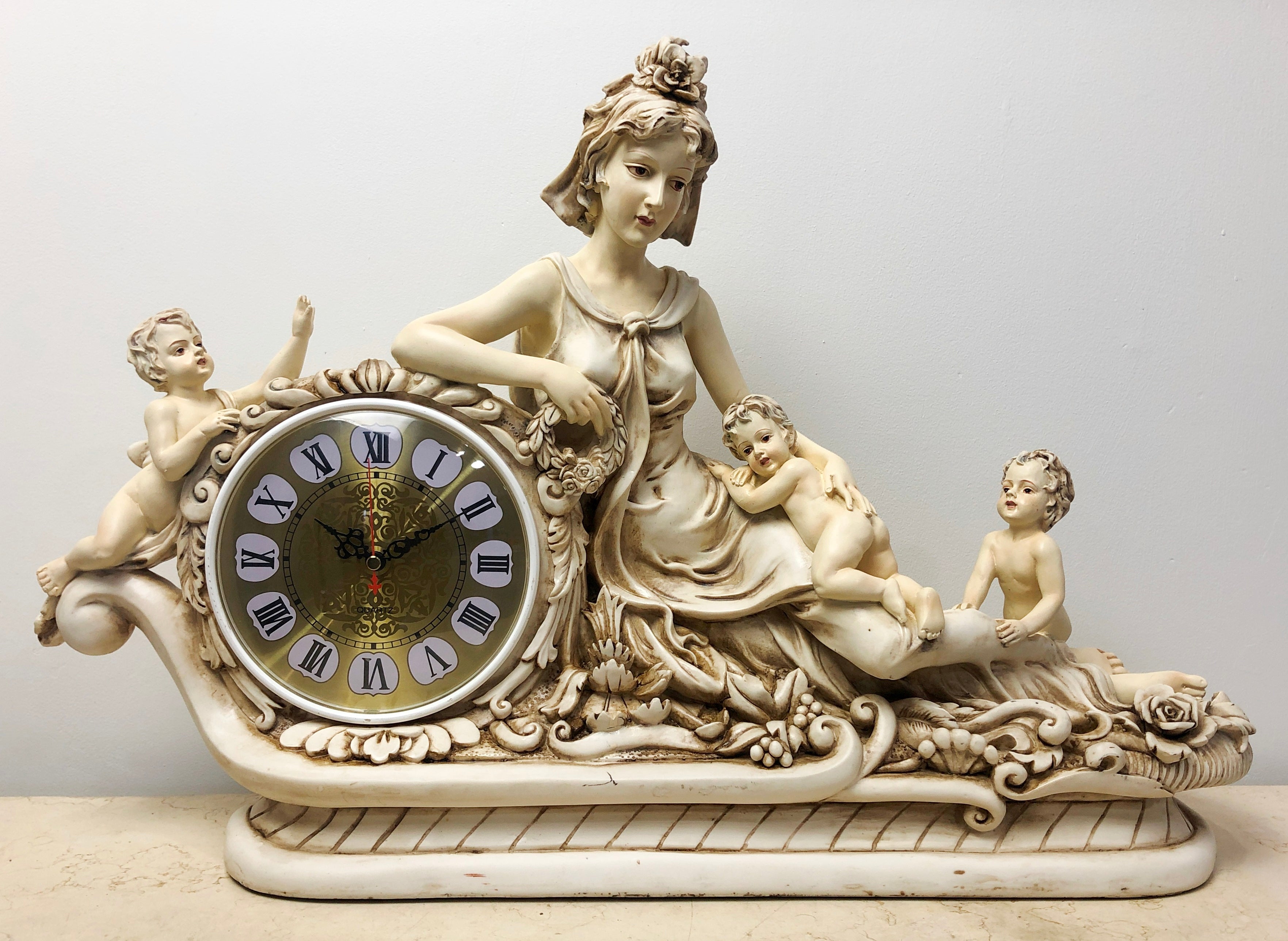 Vintage Lady with Cherubs / Cupids Battery Mantel Clock | eXibit collection