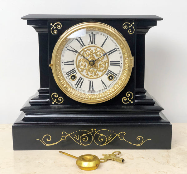 Antique Ansonia Cast Iron U.S.A. Hammer Coil Chime Mantel Clock | eXibit collection