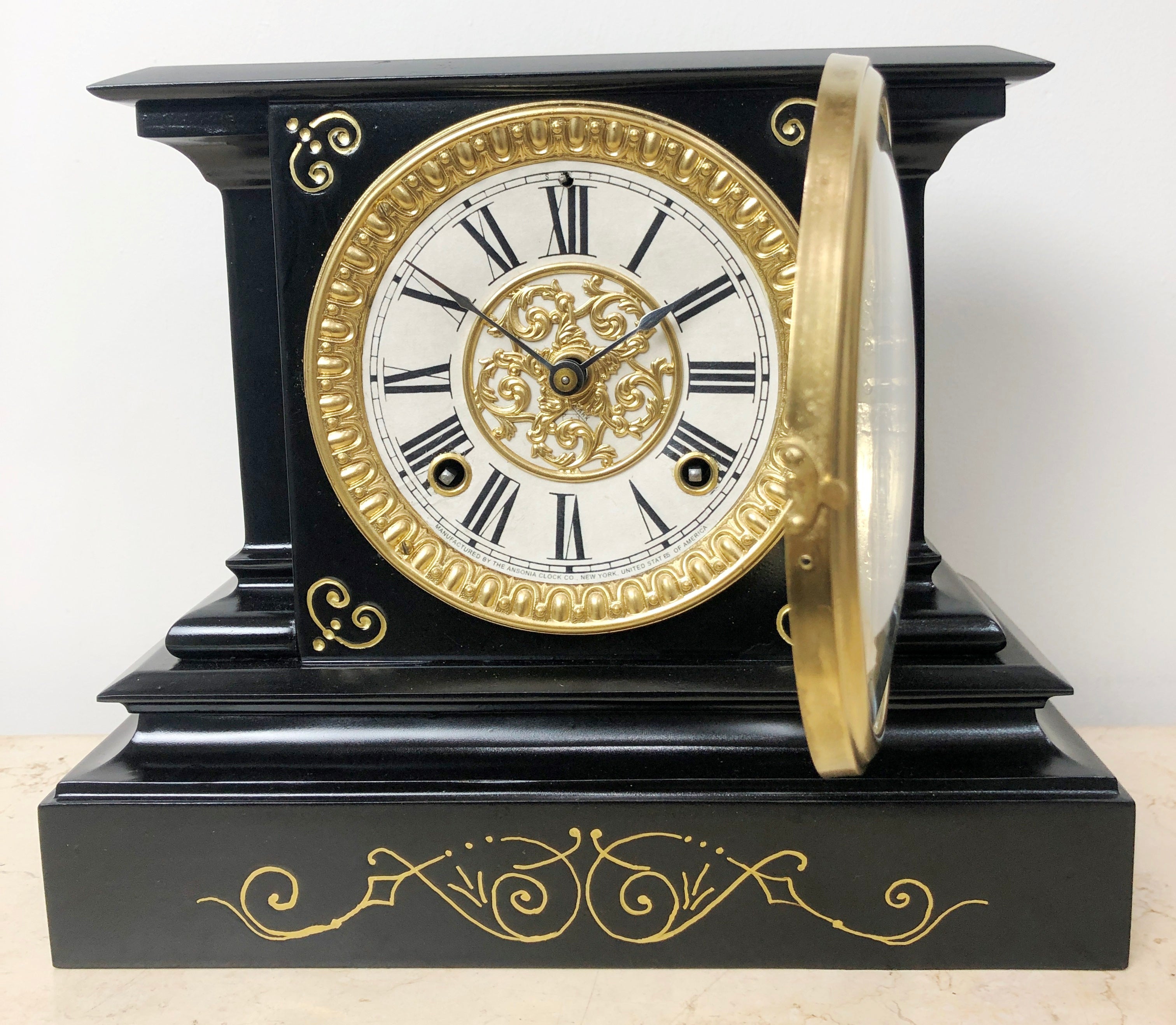 Antique Ansonia Cast Iron U.S.A. Hammer Coil Chime Mantel Clock | eXibit collection