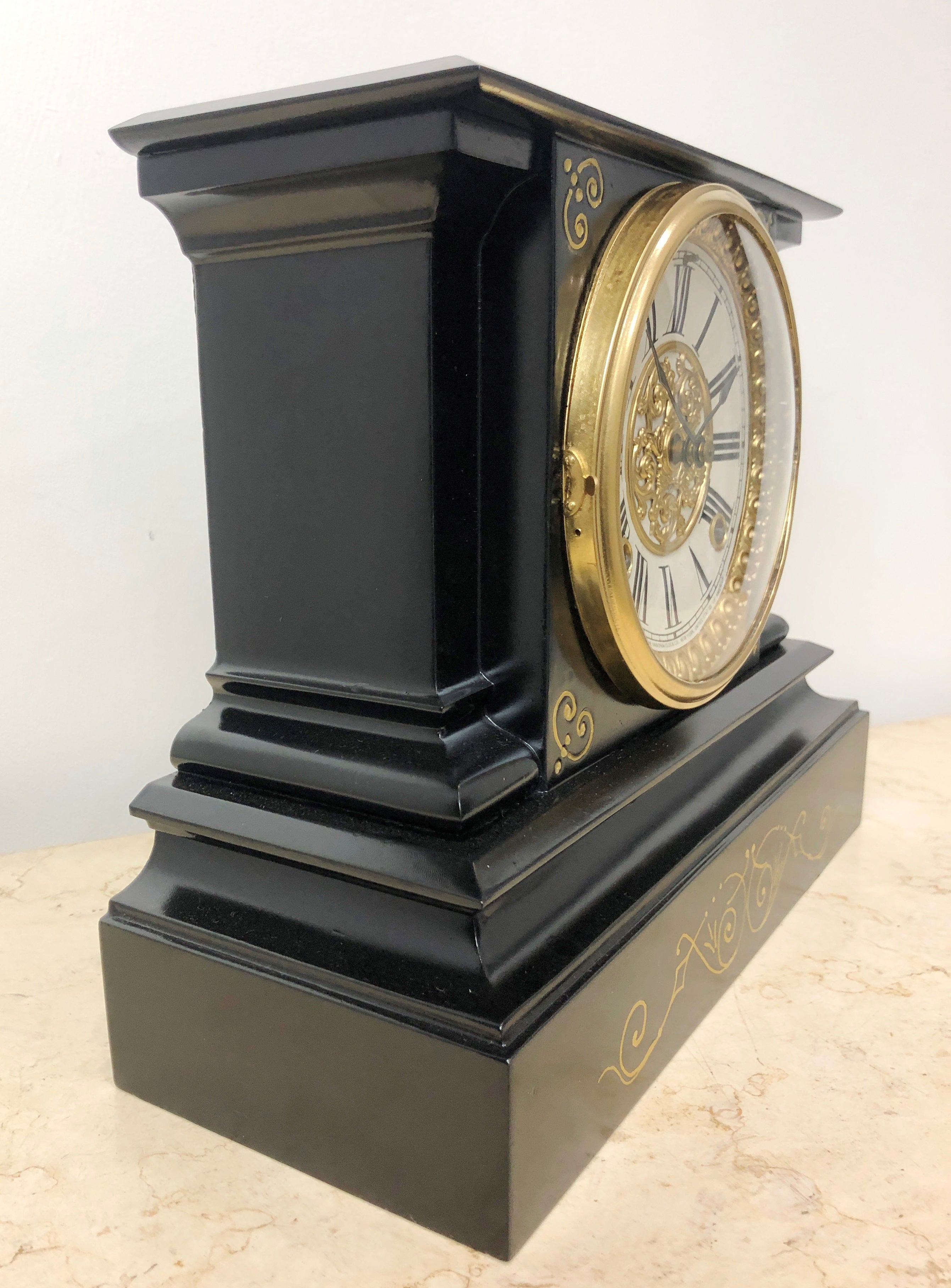 Antique Ansonia Cast Iron U.S.A. Hammer Coil Chime Mantel Clock | eXibit collection