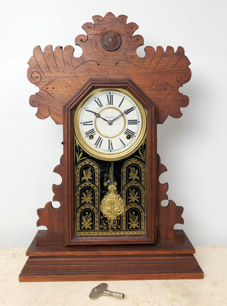 ANTIQUE Ingraham Hammer on Coil Chime Cottage Mantel Clock | eXibit collection