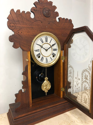 ANTIQUE Ingraham Hammer on Coil Chime Cottage Mantel Clock | eXibit collection