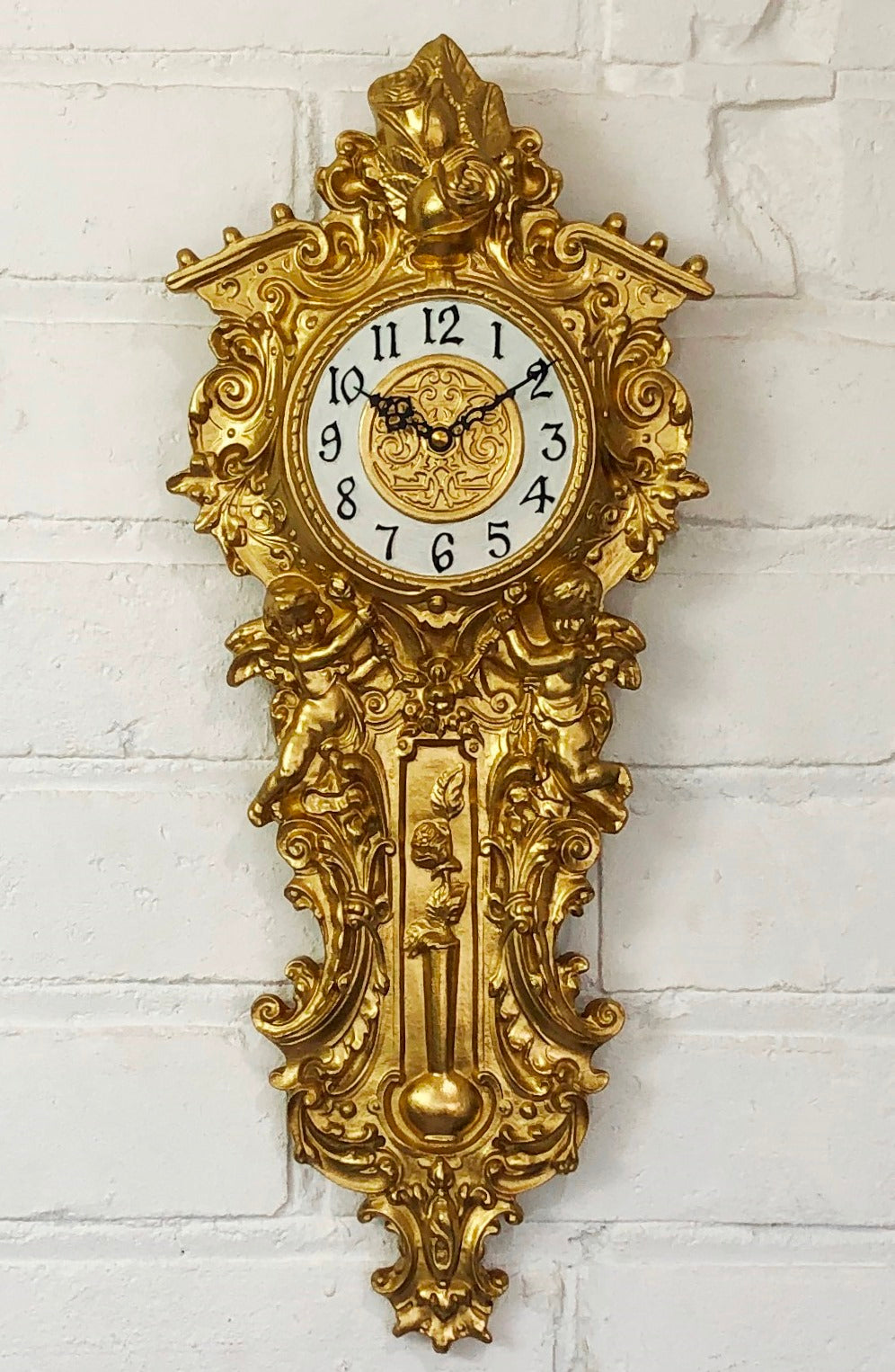 Vintage Figural Cherub Angel Ornate Gold Battery Wall Clock | eXibit collection