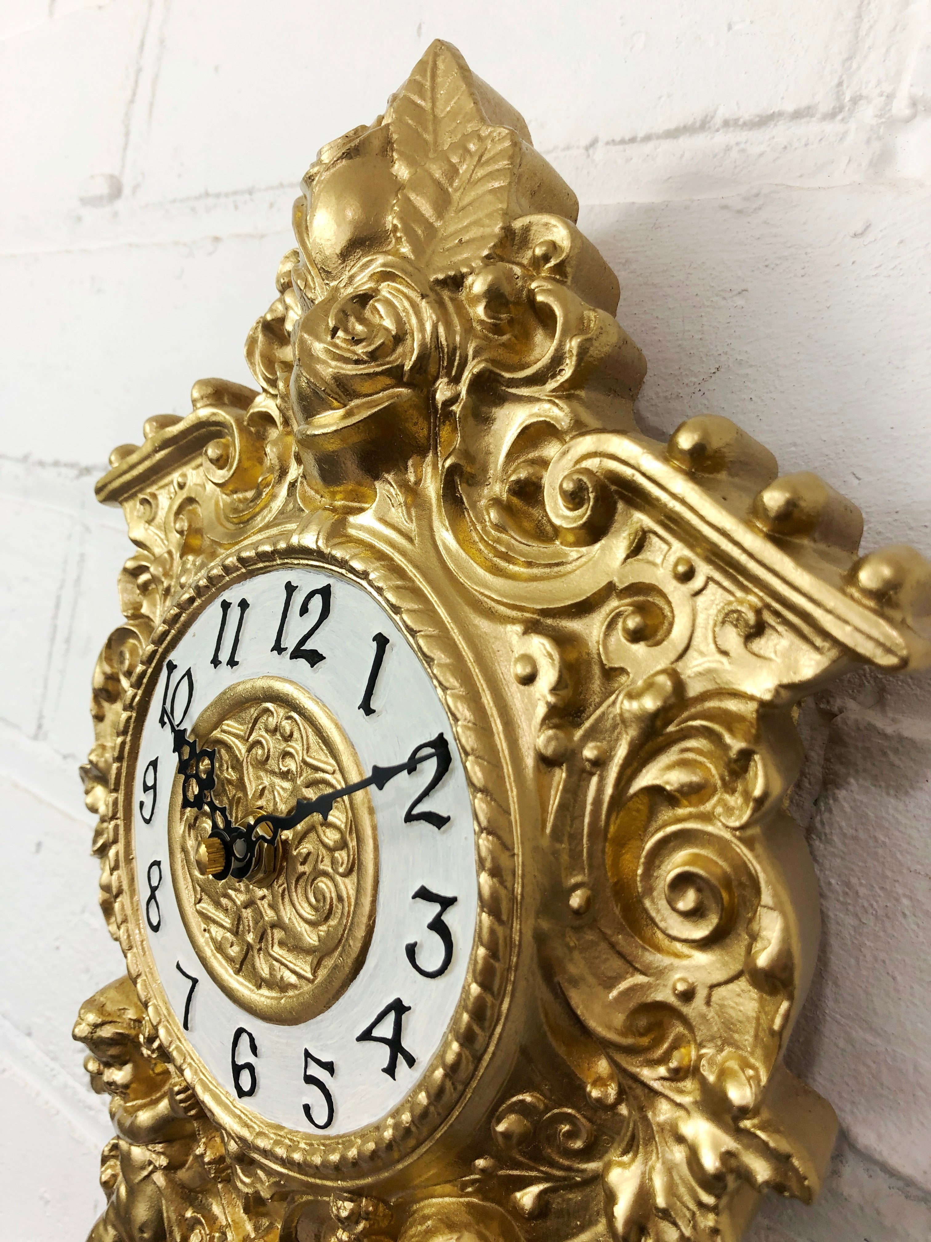 Vintage Figural Cherub Angel Ornate Gold Battery Wall Clock | eXibit collection
