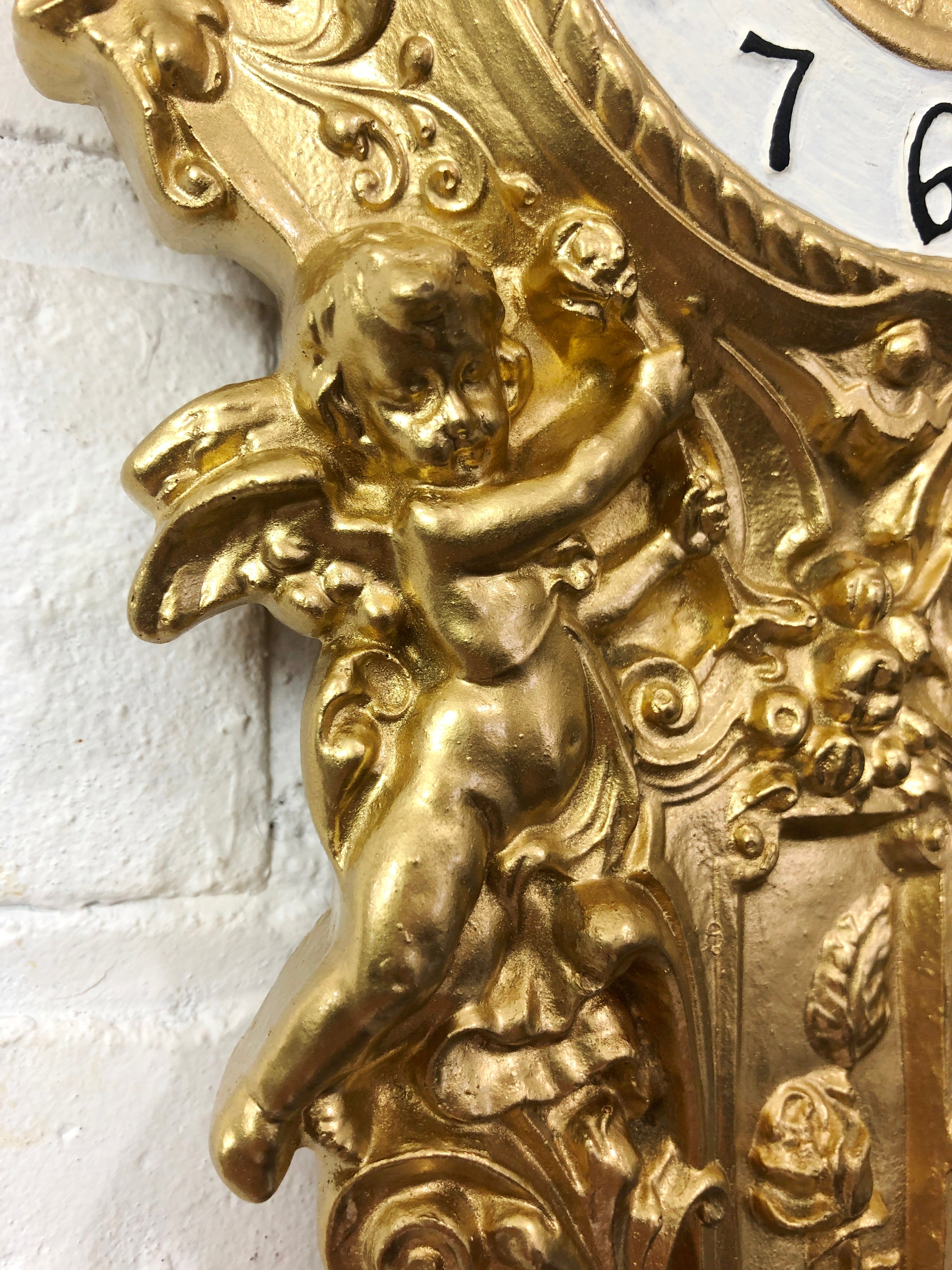 Vintage Figural Cherub Angel Ornate Gold Battery Wall Clock | eXibit collection