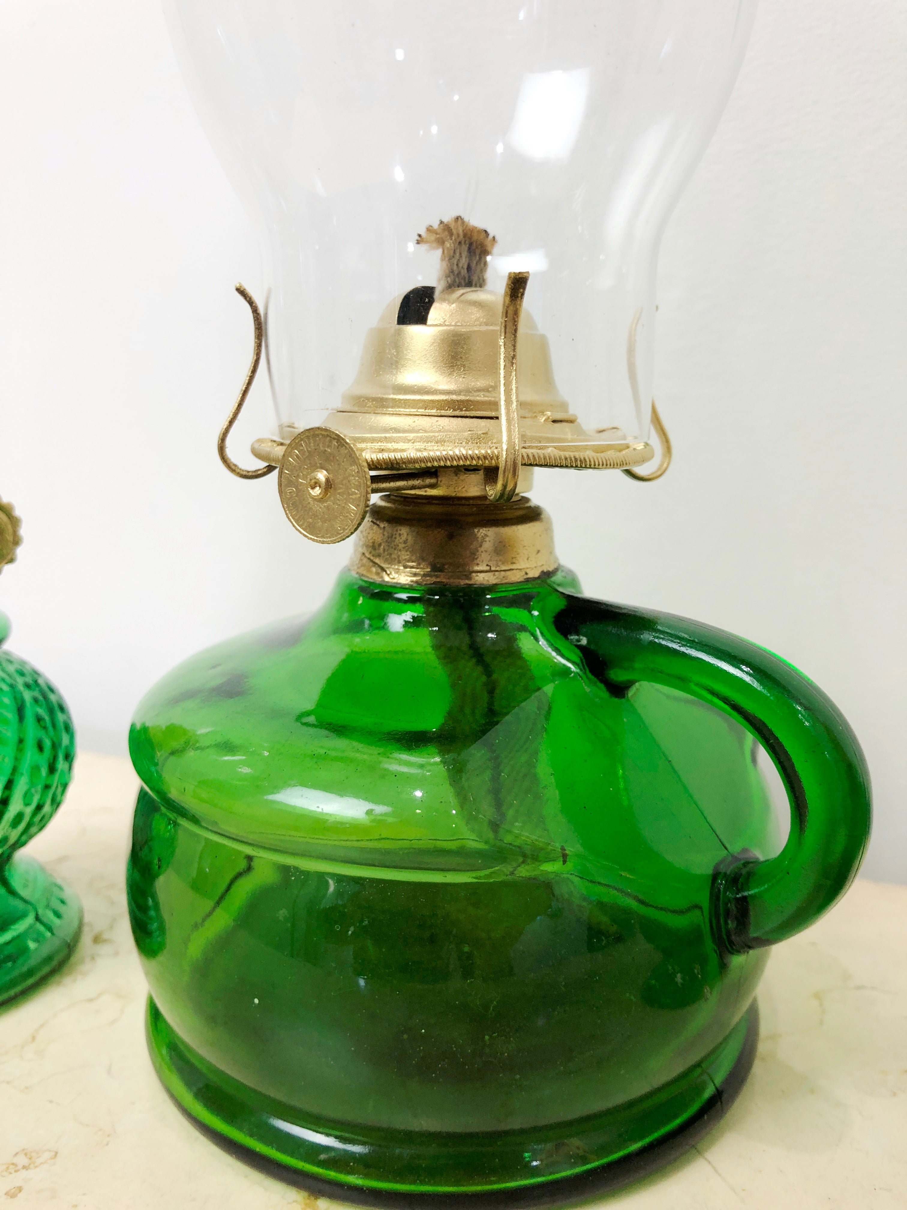 Vintage Set of 3x Green Glass Lanterns Kerosene Lamps | eXibit collection