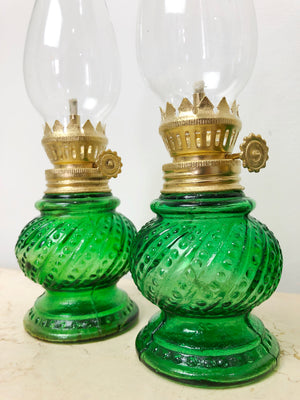 Vintage Set of 3x Green Glass Lanterns Kerosene Lamps | eXibit collection