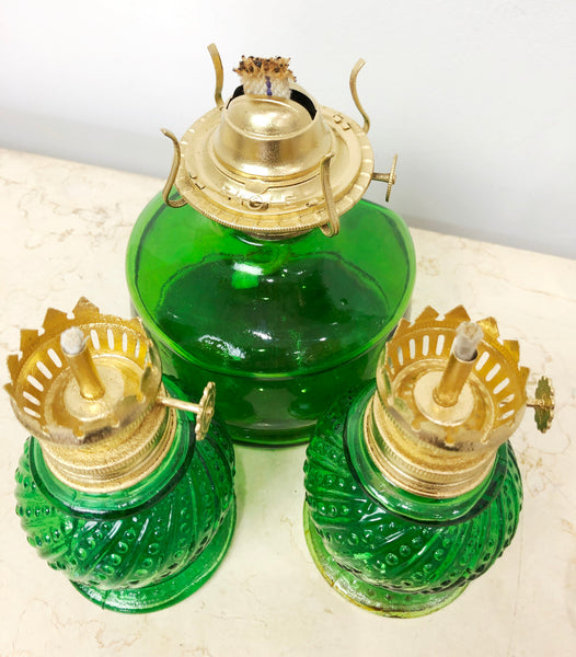 Vintage Set of 3x Green Glass Lanterns Kerosene Lamps | eXibit collection