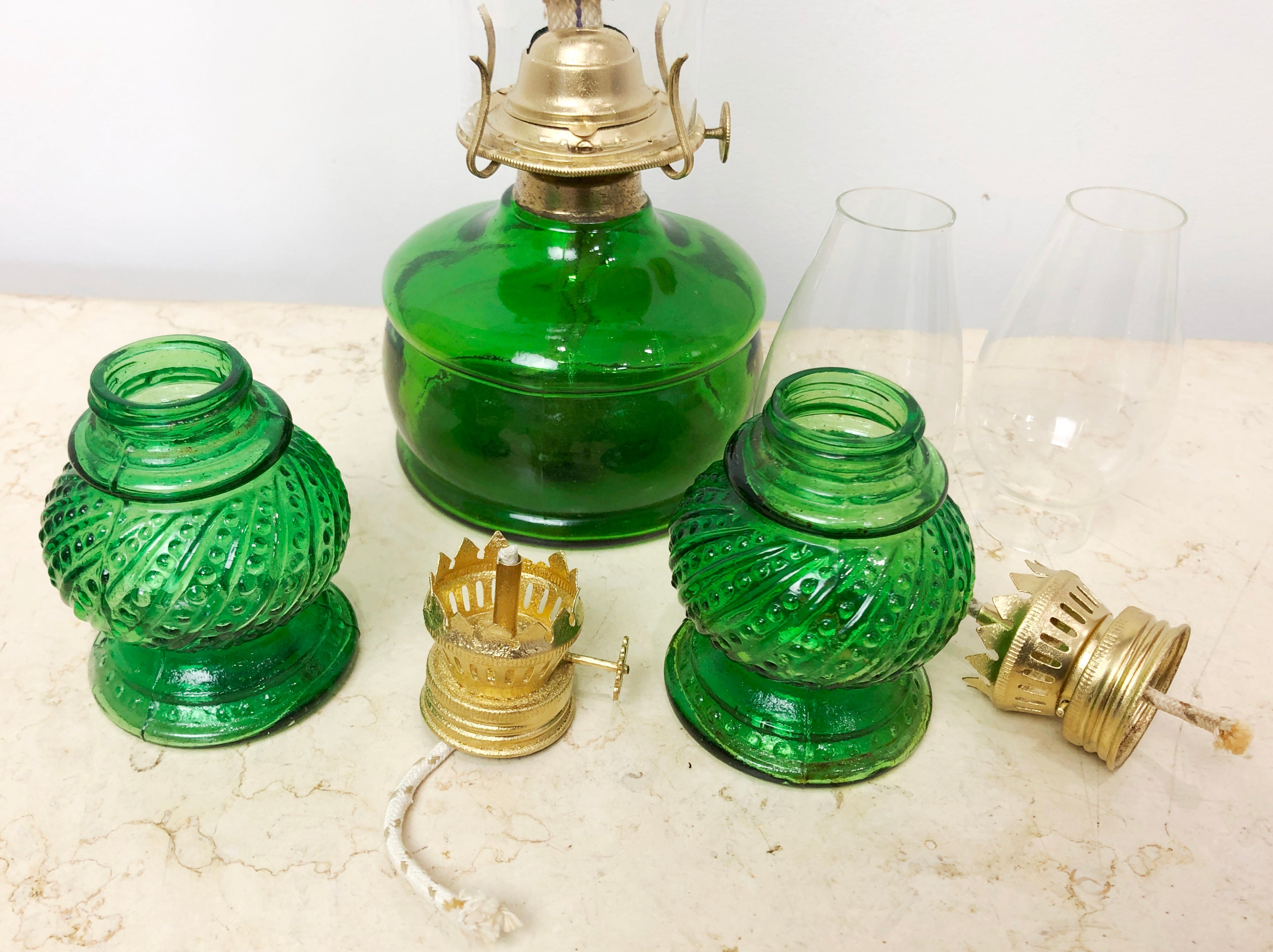 Vintage Set of 3x Green Glass Lanterns Kerosene Lamps | eXibit collection