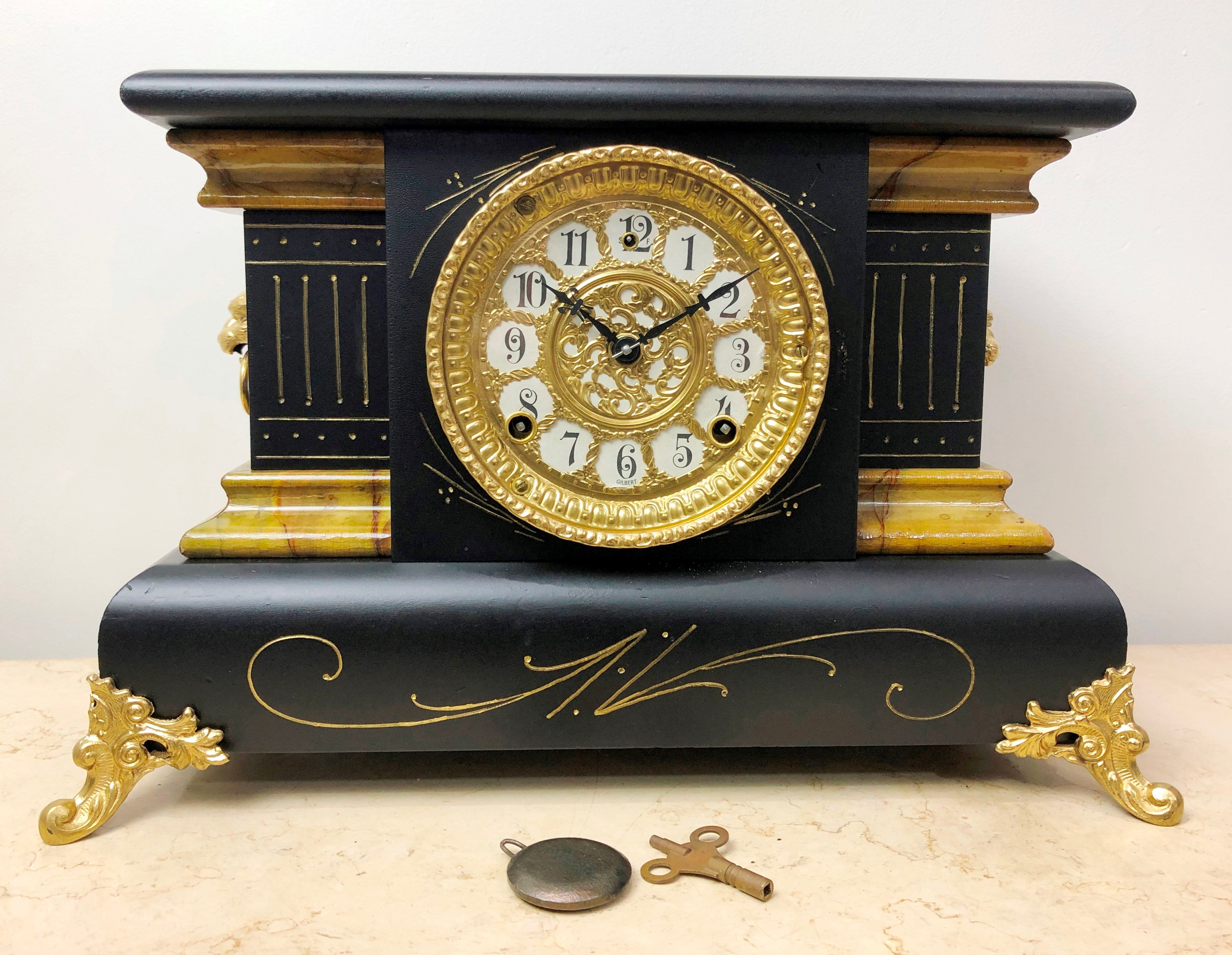 Antique Gilbert Hammer on Bell & Coil Chime Mantel Clock | eXibit collection