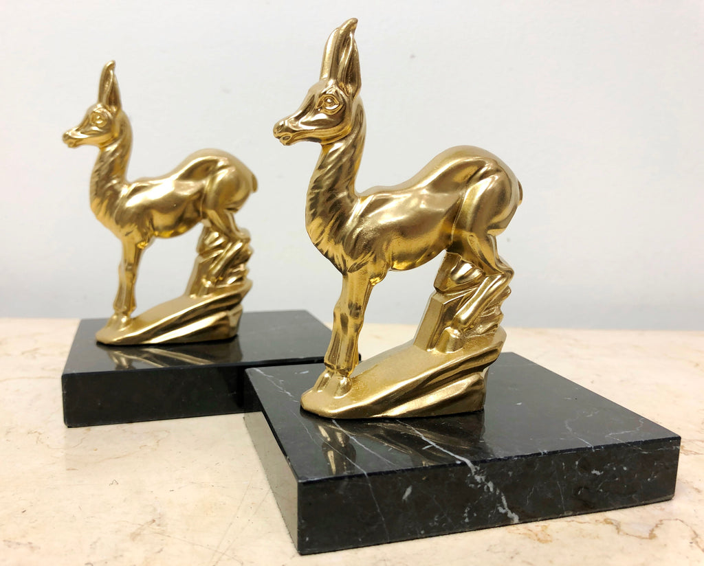 Vintage Art Deco Marble Spelter Antelope Bookends | Adelaide Clocks