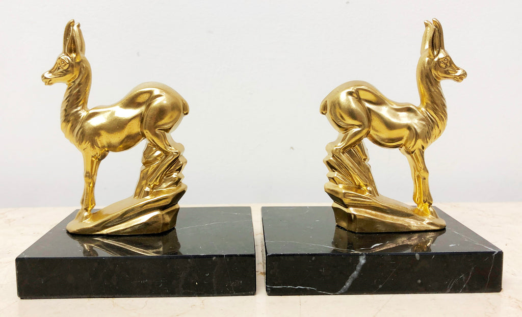 Vintage Art Deco Marble Spelter Antelope Bookends | Adelaide Clocks